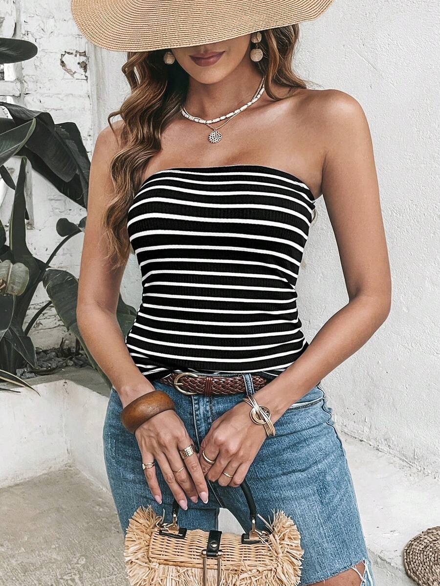 SHEIN VCAY In sọc Ống ngọn - Đen và trắng - Xem 1