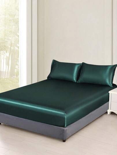 3入組緞面床罩特大號床上用品,奢華真絲被套床單帶2枕套,超級柔軟超細纖維,皺紋防污,彩色