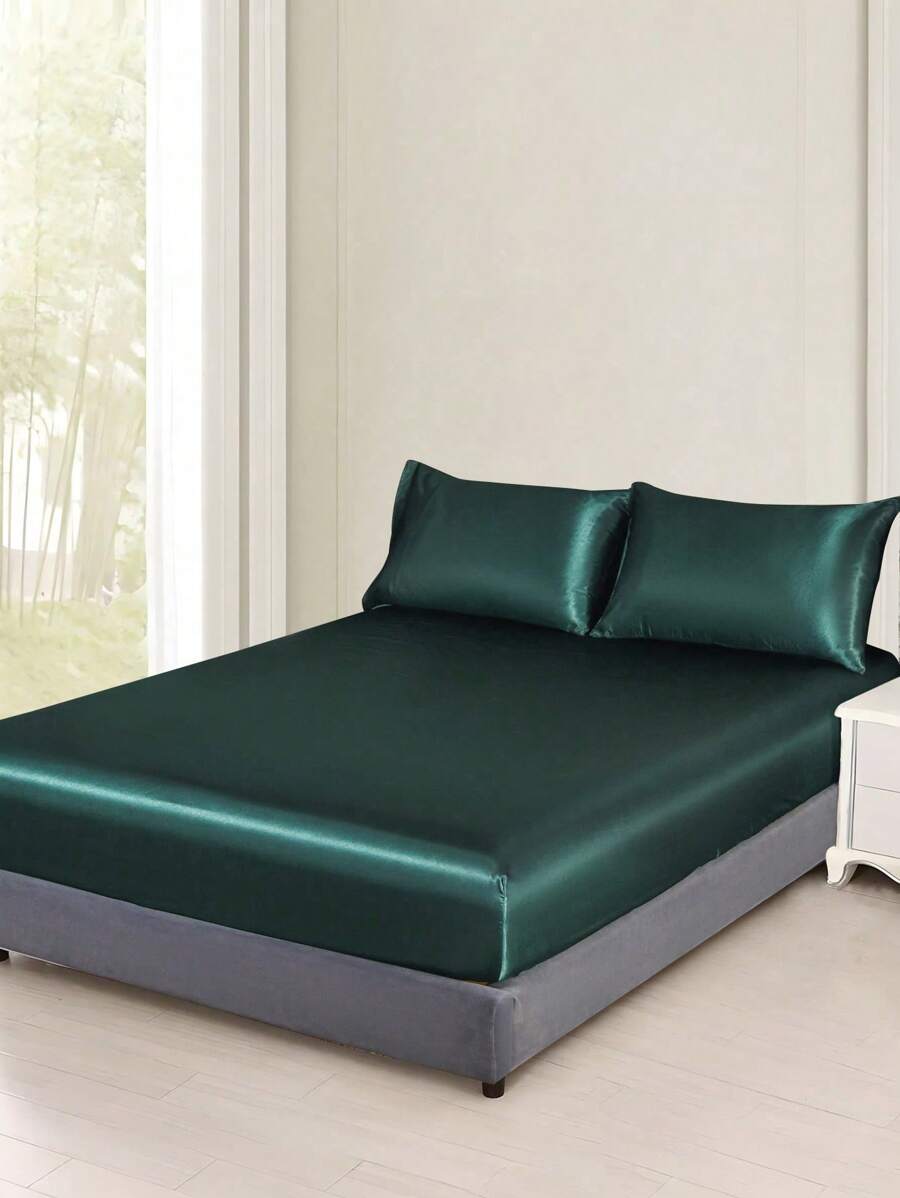 3入組緞面床罩特大號床上用品,奢華真絲被套床單帶2枕套,超級柔軟超細纖維,皺紋防污,彩色 - 墨綠色 - 查看 1
