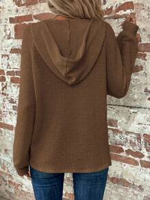 SHEIN LUNE Half Button Raglan Sleeve Drawstring Hoodie - Brown - View 2