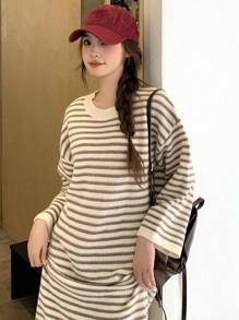 DAZY 條紋下垂肩毛衣裙 - 棕色 - 查看 3