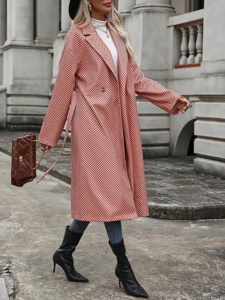 Women's Houndstooth Patterned Belted Woolen Coat Fall Cloth For Women