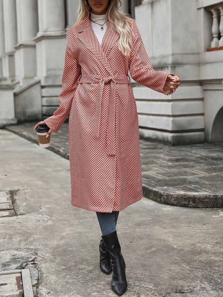 Women's Houndstooth Patterned Belted Woolen Coat Fall Cloth For Women