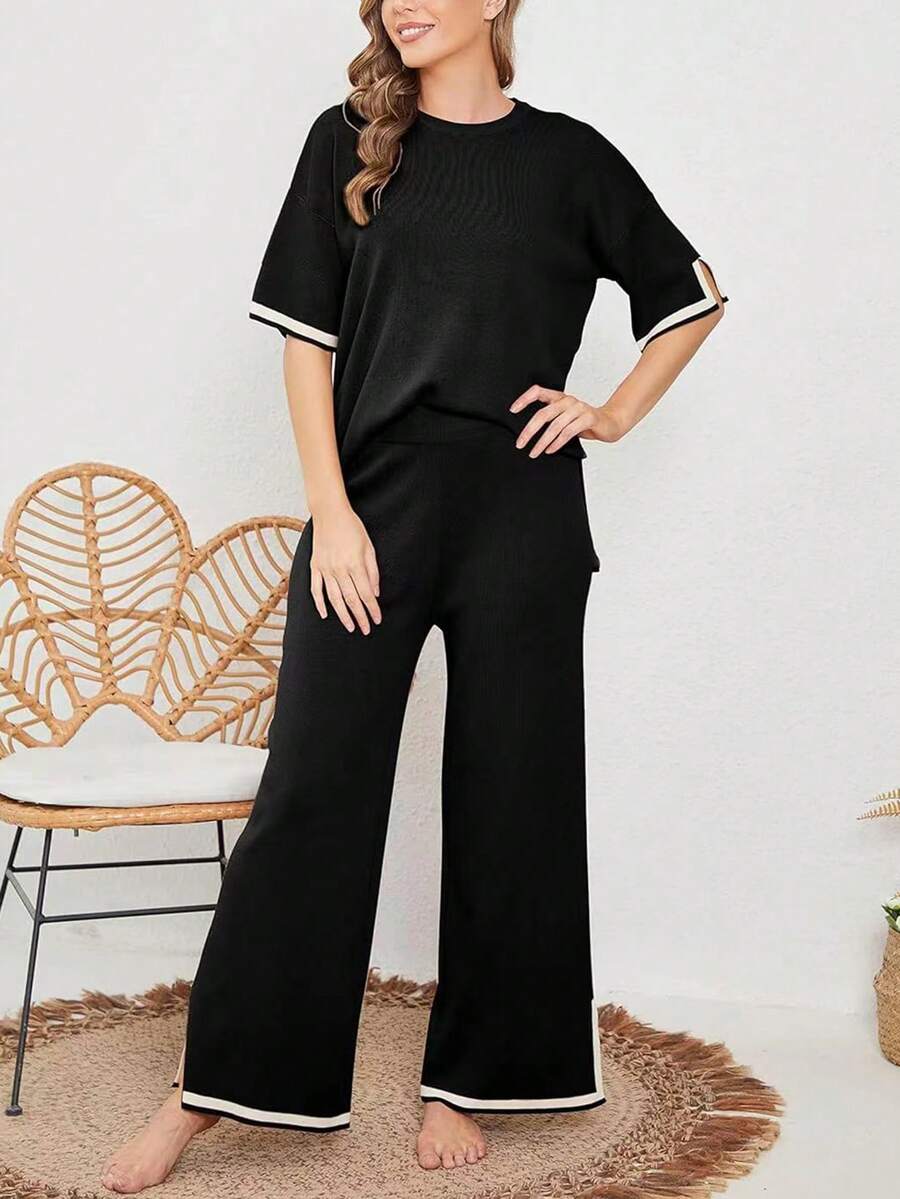Contrast Binding Tee & Wide Leg Pants - Black - View 1
