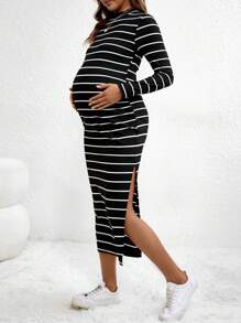 SHEIN Maternity Striped Print Split Thigh Dress With Long Sleeve