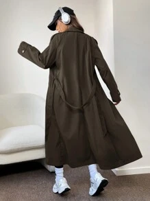 Muchica Turn-down Collar Button Up Long Trench Coat - Army Green - View 2
