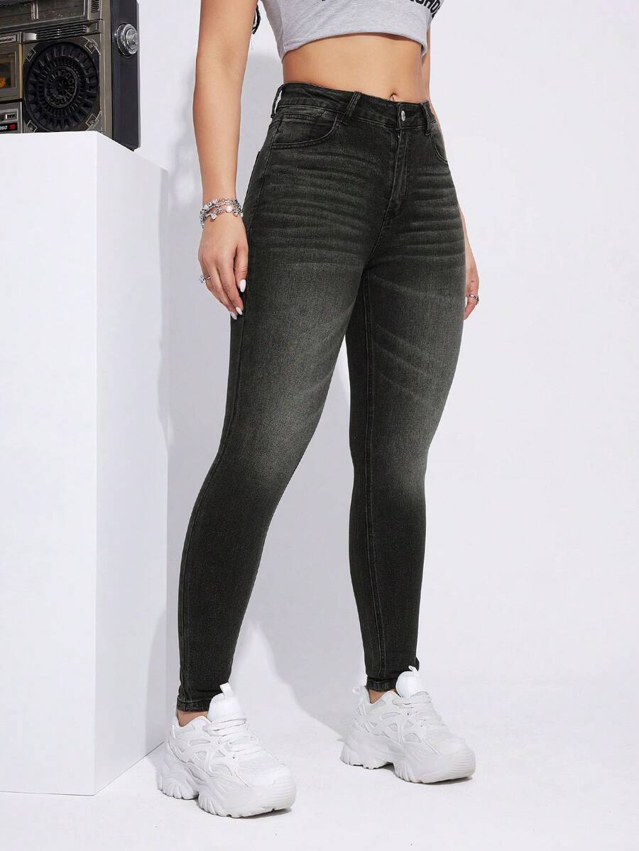 SHEIN EZwear Slant Pocket Skinny Jeans - Grey - View 1
