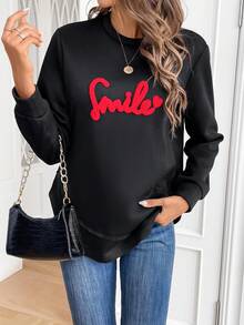 SHEIN Frenchy 字母貼布落肩袖運動衫 - 黑色 - 查看 3