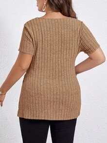 SHEIN Essnce 大碼下擺開叉條紋針織T恤 - 駝色 - 查看 2