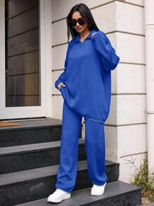 SHEIN Cottnline Women's Turn Down Collar Drop Shoulder Sweater And Sweater Pants Set - Blue - View 4