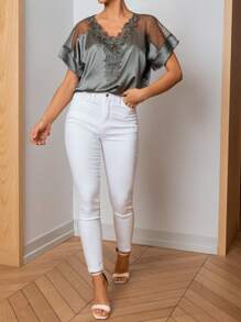 EURMUSE Contrast Lace Batwing Sleeve Blouse - Green - View 3