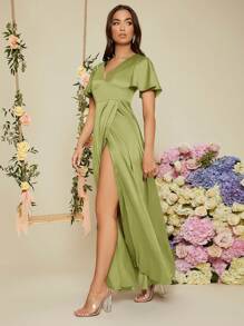 SHEIN Belle Abito da damigella d'onore in raso con maniche a volant e orlo avvolgente, elegante abito da cerimonia formale per matrimoni, eventi, cene o lauree