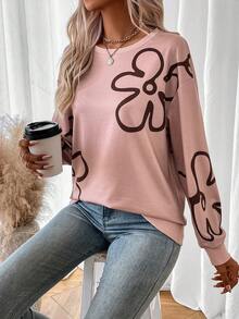 SHEIN LUNE Floral Print Drop Shoulder Sweatshirt - Khaki - View 6