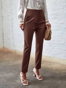 EURMUSE Solid Slant Pocket Seam Front Pants - Brown - View 6