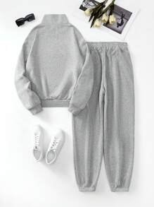SHEIN EZwear 女性素色半拉鏈運動衫和長褲套裝 - 灰色 - 查看 2