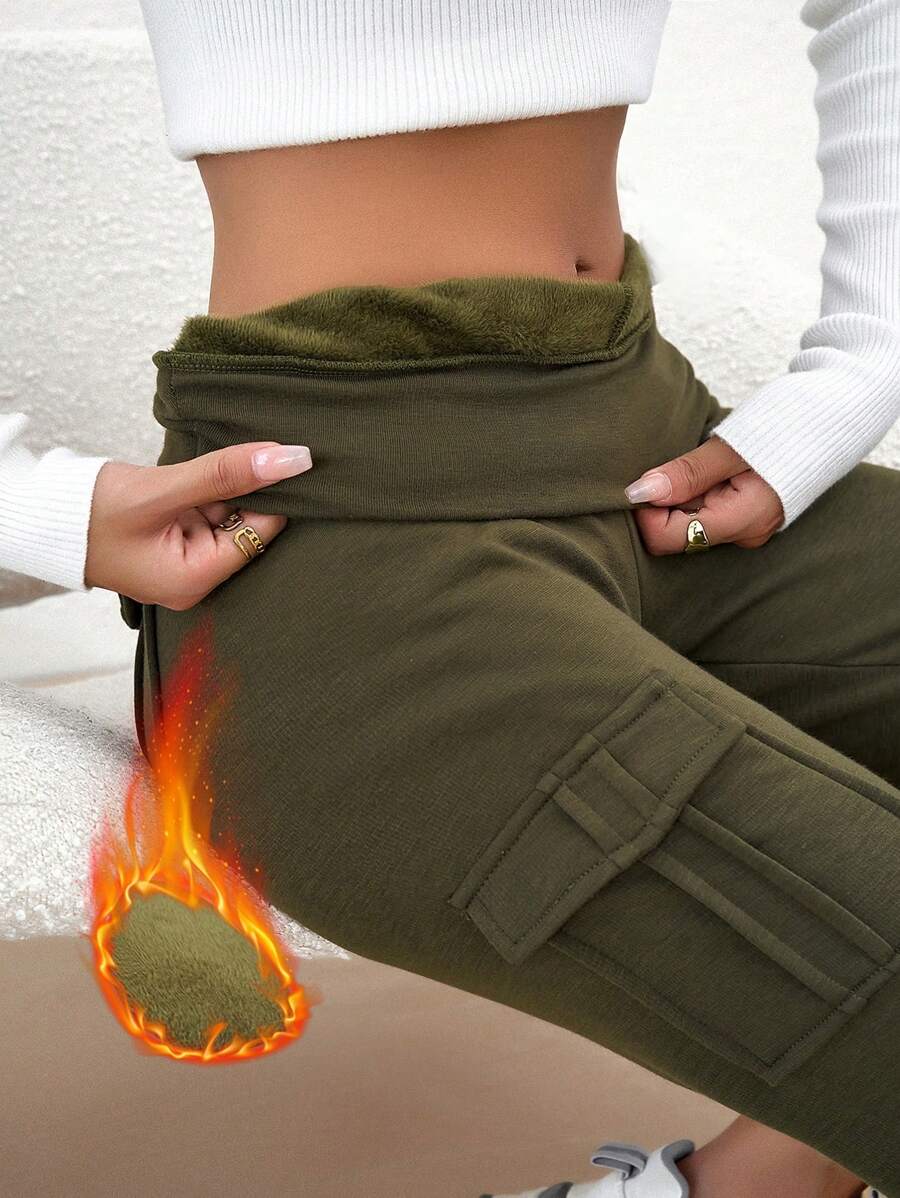 SHEIN Essnce Flap Pocket Cargo Leggings - Army Green - View 1