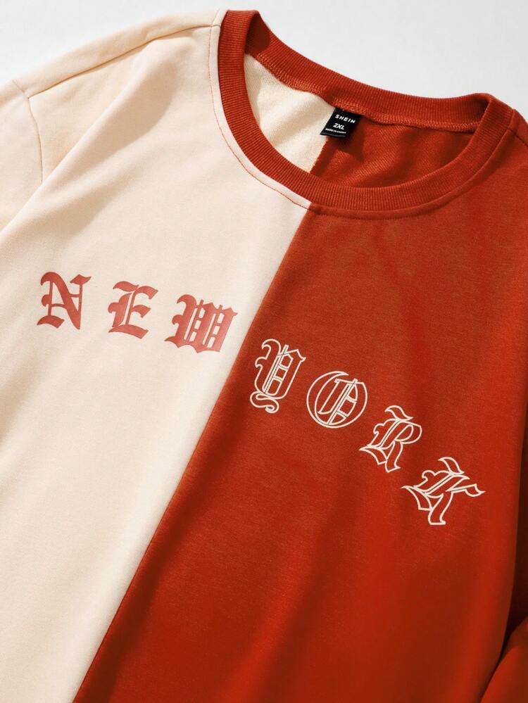 Men's Plus Size Color Block Sweatshirt With English Letter Print