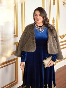 Modelyn Plus Open Front Fuzzy Coat - Coffee Brown - View 6