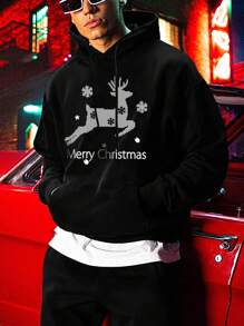 Manfinity Hypemode Loose Fit Men's Christmas Printed Kangaroo Pocket Hoodie With Drawstring - Black - View 1