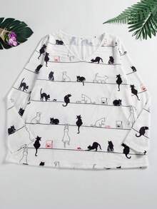 女性貓咪印花v領長袖t恤