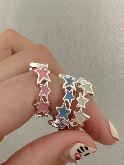 Kawaii Asymmetric Color Star Ring Female Ins Personalized Sweet And Cool Style Dopamine Index Finger Ring Accessories Ring Set