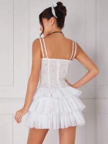 Enchnt Women's Glitter Sequin Spaghetti Strap Dress With Multilayer Mesh Hem - White - View 6