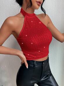 SHEIN BAE 閃粉短款露背上衣 - 紅色 - 查看 4