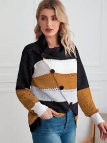 SHEIN LUNE Jersey de color combinado de cuello desbocado con diseño de botón bajo asimétrico