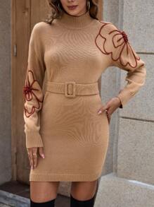 SHEIN Clasi 女士花卉插板立領腰帶毛衣裙,修身版型 - 卡其色 - 查看 3