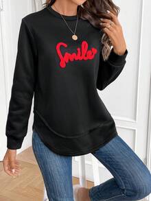 SHEIN Frenchy 字母貼布落肩袖運動衫 - 黑色 - 查看 6