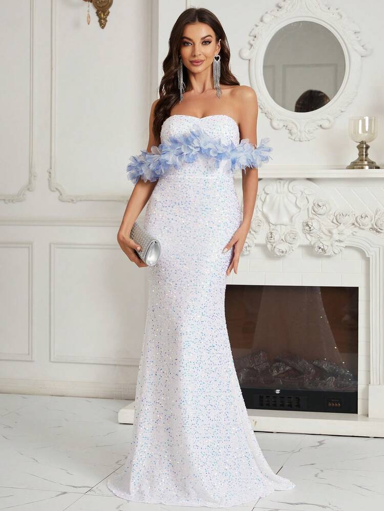 Off Shoulder Stereo Flower Mermaid Hem Sequin Formal Dress
