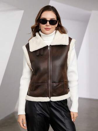 Borg衣領拉鍊pu皮革背心外套