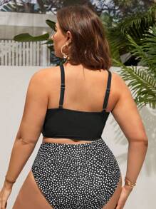 Swim Lushoire Summer Beach Plus Size Women's Spotted Print Vest Style Bikini Set - Black - View 2