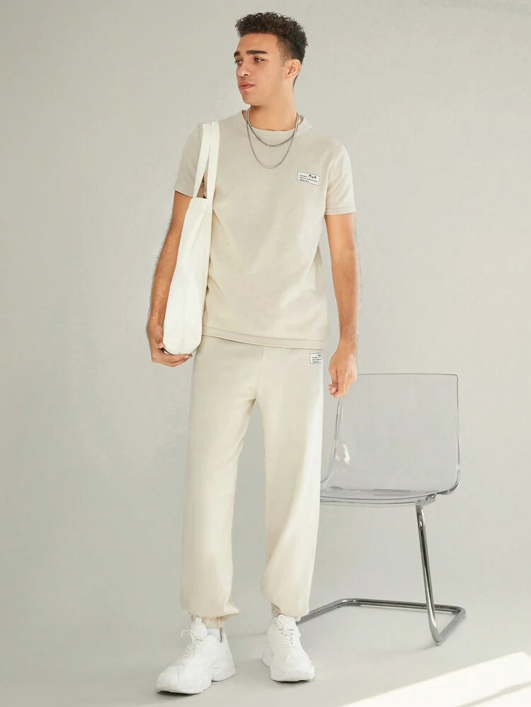 Men Letter Patched Sweater & Knit Pants, For Fall Winter