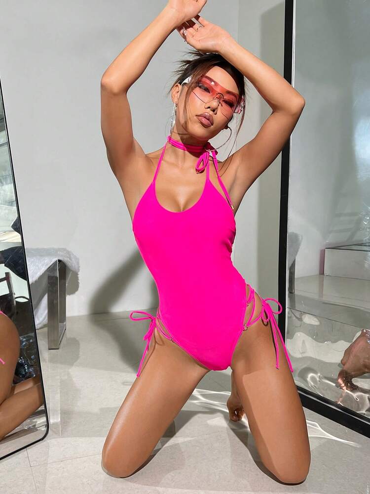 Women's Solid Color One-Piece Swimsuit With Halter Strap Summer