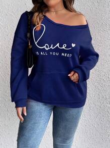 Calvaya Hơn Đồ họa trái tim & khẩu hiệu Túi kangaroo Thả vai Áo nỉ - Xanh đậm - Xem 6