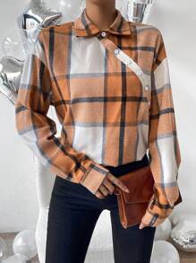 SHEIN Clasi Plaid Print Drop Shoulder Shirt - Brown - View 3