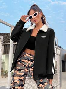 SHEIN EZwear 條紋圖案側拼接領夾克 - 黑色 - 查看 5
