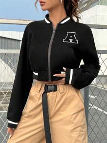 SHEIN EZwear Letter Patched Striped Trim Drop Shoulder Zipper Bomber Jacket - Black - View 6