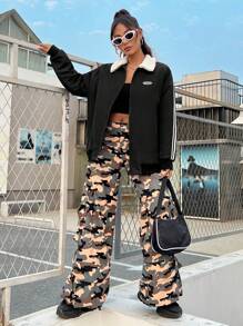SHEIN EZwear 條紋圖案側拼接領夾克 - 黑色 - 查看 6