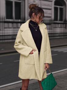 EURMUSE Turn-down Collar Teddy Coat With Double Pockets - Beige - View 6