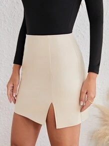 SHEIN Tall Viền chia cắt chất liệu da PU Váy - Màu be - Xem 4