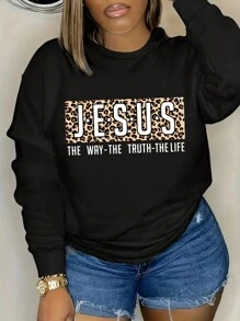 INAWLY Plus Leopard & Slogan Graphic Thermal Lined Sweatshirt, For Winter Pullover Fall Autumn - Black - View 1