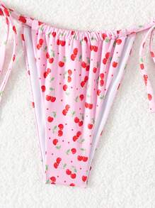 Swim Mod Random Cherry Printed Bikini Set With Ruffled Trim, Knot Detail And Adjustable Side Ties - Multicolor - View 4