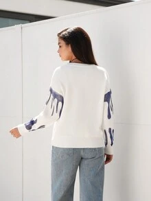 SHEIN EZwear 圖形圖案落肩袖套頭毛衣 - 藍白色 - 查看 2