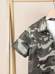 SHEIN 3pcs/Set Tween Boys' Loose Round Neck T-Shirt, Camo Shirt And Elastic Hem Long Pants Set - Army Green - View 5