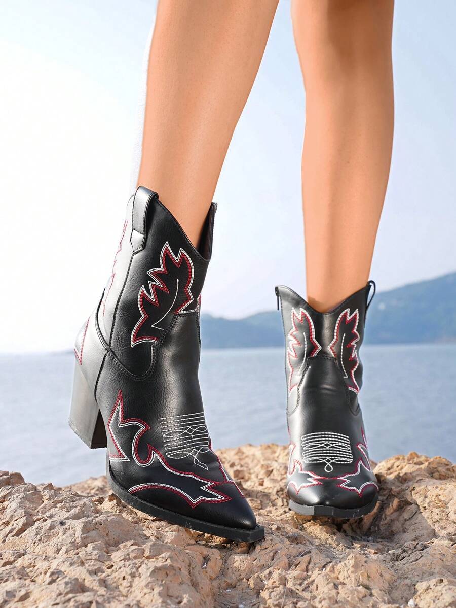 Vintage Western Style Embroidery Knee-High Boot, Ladies' Motorcycle Boot, Women's Western Boot, Fashion Pointed Toe Side Zip Booties, Cowboy Boots For Women - Black - View 1