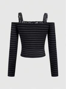 ROMWE Goth Lace Strap Open Shoulder Striped Long Sleeve Top, School - Black - View 2
