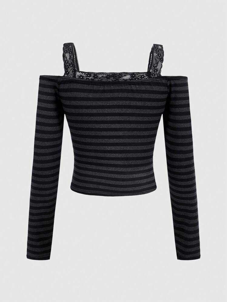 ROMWE Goth Top de Manga Longa Listrada com Alça de Renda e Ombros