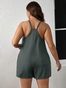 SHEIN Clasi Plus 純色斜袋吊帶背心連身褲 - 橄欖綠 - 查看 2